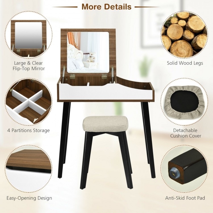 Vanity table set with flip-top mirror, padded stool, and solid wood legs for dual-use as a dressing and work table.