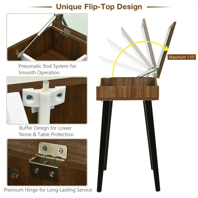Vanity table set with flip-top mirror, brown finish, featuring pneumatic lift system and solid wood legs for stability.