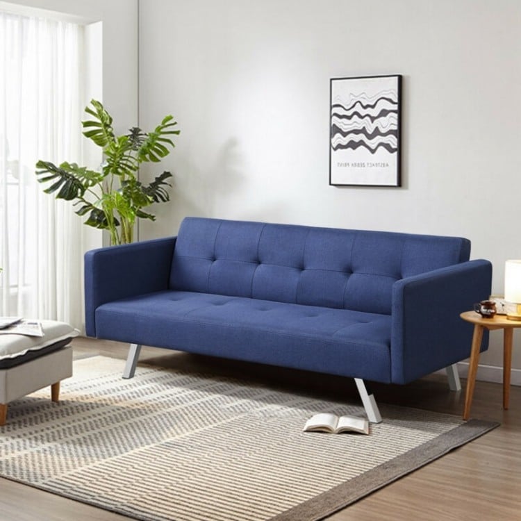 Blue 3-seat convertible linen fabric futon sofa with adjustable backrest and USB ports, perfect for living room.
