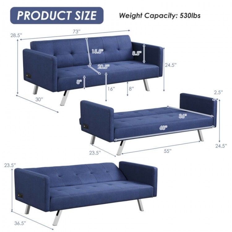 Adjustable 3-seat blue linen fabric futon sofa with USB ports, showcasing dimensions and weight capacity of 530 lbs.
