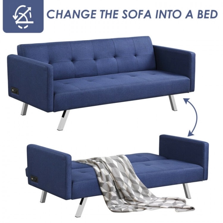 Convertible blue linen fabric sofa bed with adjustable backrest and USB ports, perfect for living room or bedroom use.