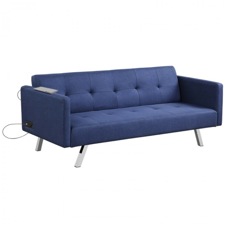 Back view of the blue 3-seat convertible linen fabric futon sofa with power strip and USB ports, ideal for versatile.