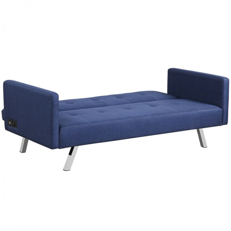 Blue 3-seat convertible linen fabric futon sofa with robust legs, offering comfort and style for any living space.