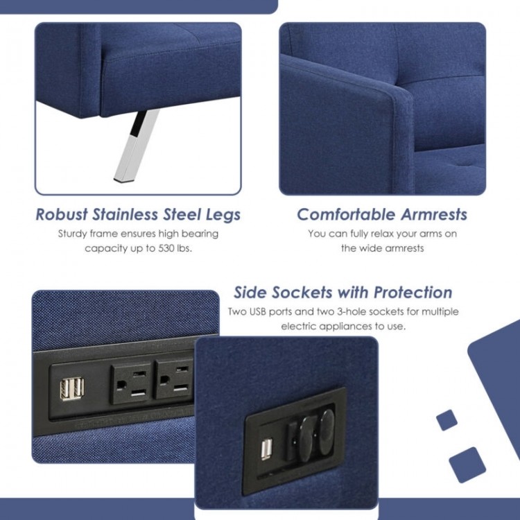 Convertible blue linen fabric sofa with adjustable backrest, USB ports, and side sockets for convenient charging.