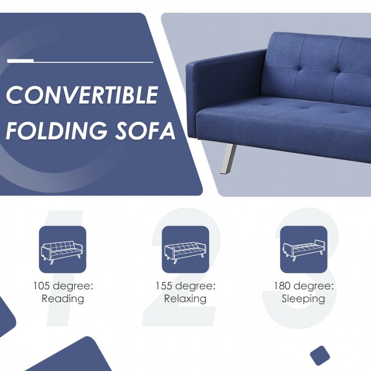 Convertible blue linen fabric sofa with adjustable backrest for reading, relaxing, or sleeping, featuring USB ports.