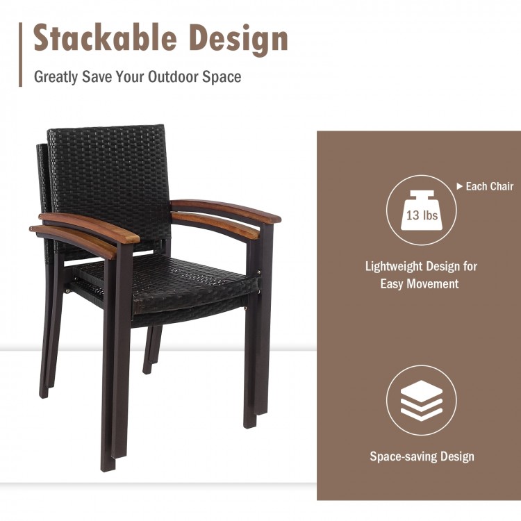 Stackable outdoor patio wicker dining chair with curved acacia wood armrests, lightweight design for easy transport.