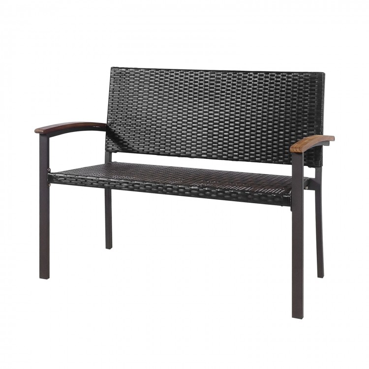 Patio rattan wicker bench with acacia wood armrests, featuring a sturdy steel frame for outdoor or indoor use.