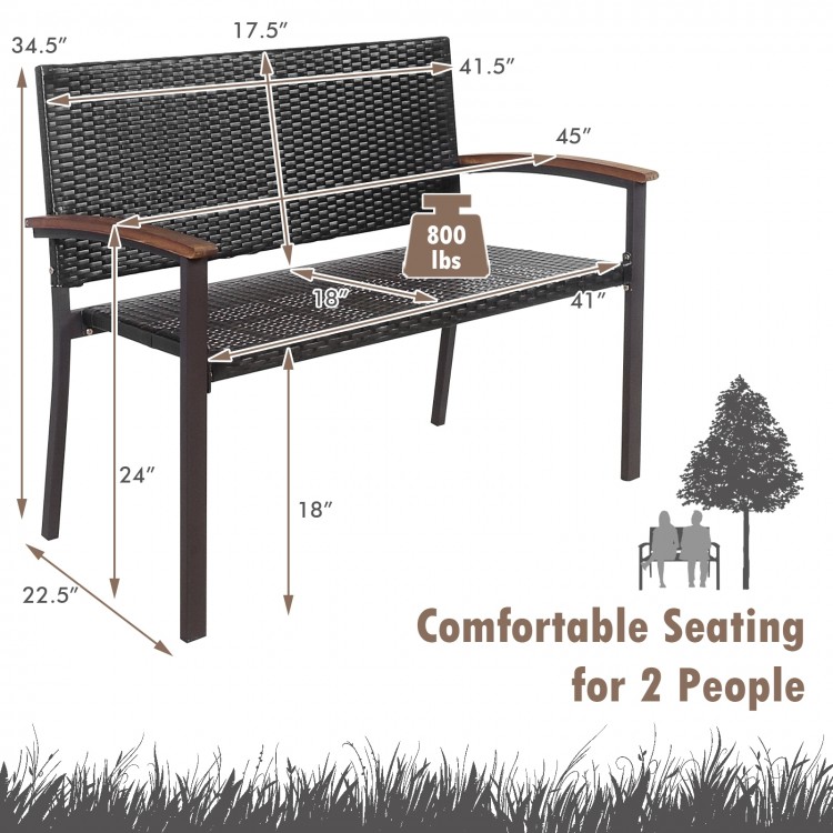 Patio rattan wicker bench with acacia wood armrests, weather-resistant, comfortable seating for 2 people, ideal for.
