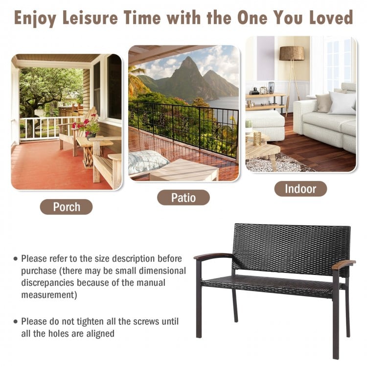 Patio rattan wicker bench with acacia wood armrests, made of weather-resistant PE rattan, for garden or indoor use.