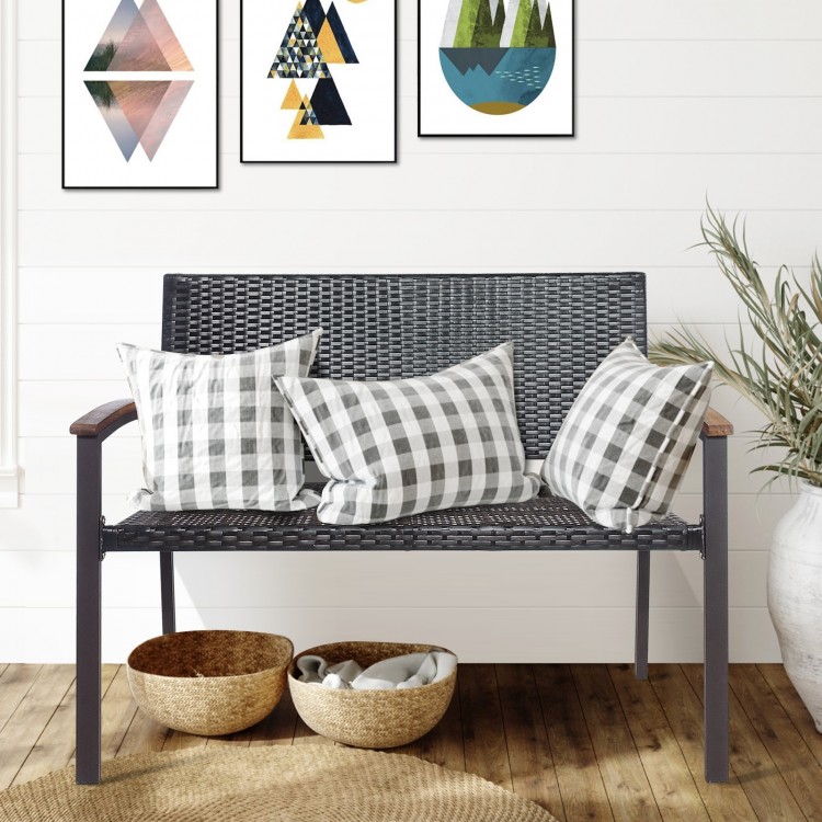 Patio rattan wicker bench with armrests, featuring weather-resistant PE rattan and solid acacia wood, ideal for outdoor.