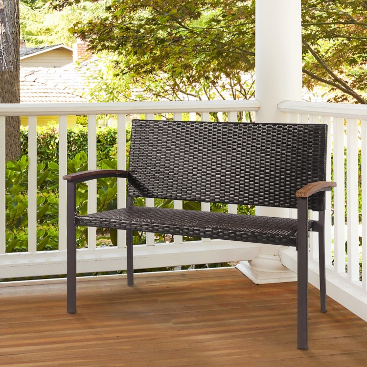 Patio rattan wicker bench with acacia wood armrests, made of weather-resistant PE rattan, ideal for outdoor relaxation.