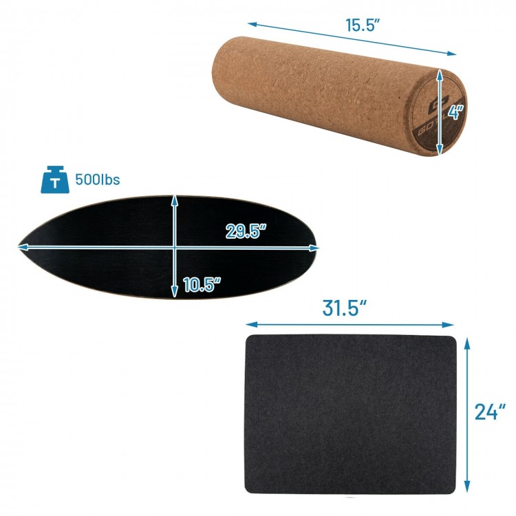 Wooden balance board trainer with cork roller, 15.5" x 4", ideal for core strength and stability exercises at home or.