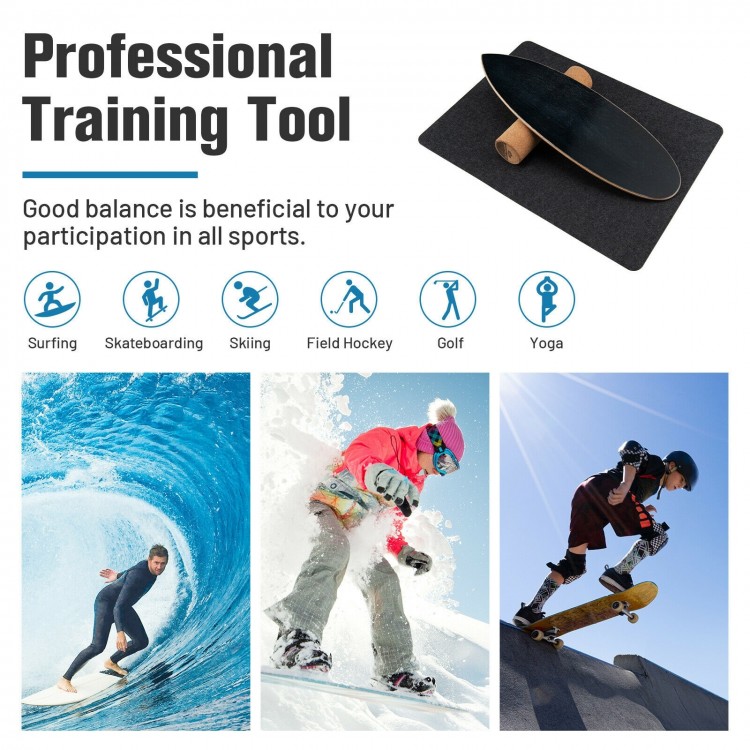 Wooden balance board trainer in black for core strength exercise, ideal for surfing, skateboarding, and yoga.