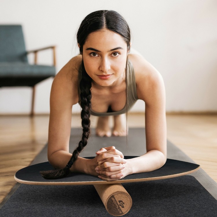 Wooden balance board trainer for core strength exercise, featuring birch wood, cork, and anti-skid blanket for.