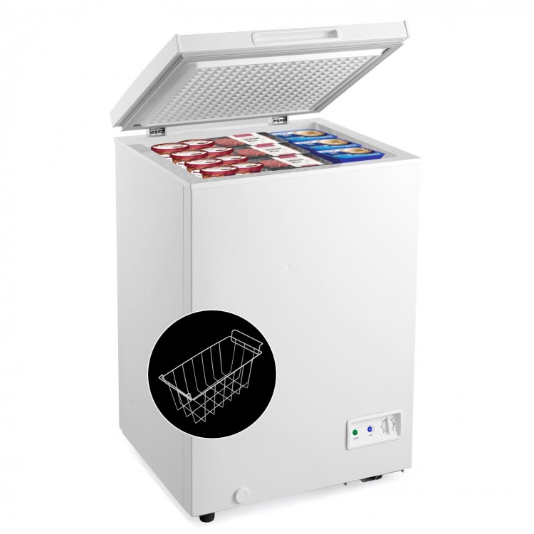 Compact 3.5 cu.ft chest freezer with removable storage basket, adjustable temperature, ideal for small spaces.