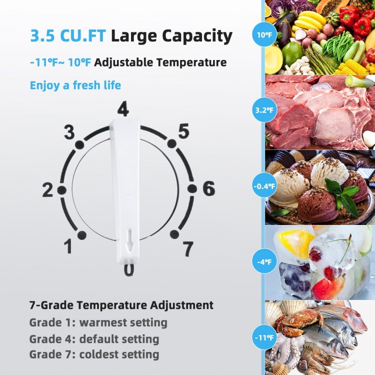 Temperature control knob for 3.5 cu.ft compact chest freezer, featuring 7 adjustable levels from -11°F to 10°F.