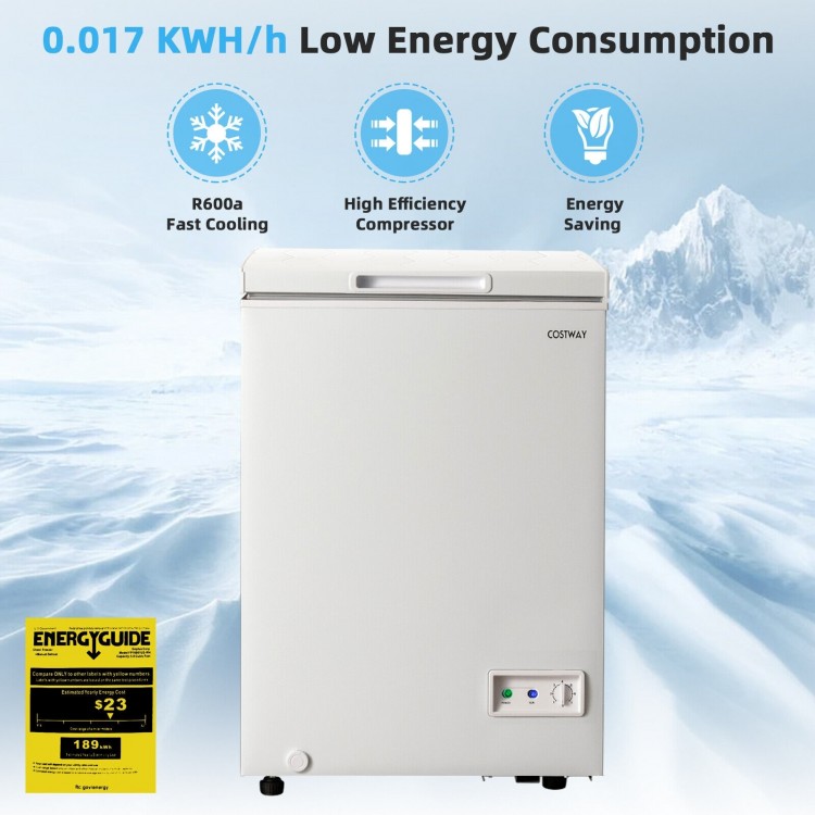 Compact 3.5 cu.ft chest freezer with removable basket, energy-efficient design, ideal for kitchens or dorms.