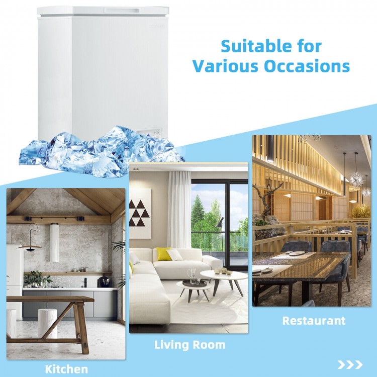 Compact 3.5 cu.ft chest freezer with removable basket, ideal for kitchens, living rooms, and restaurants.