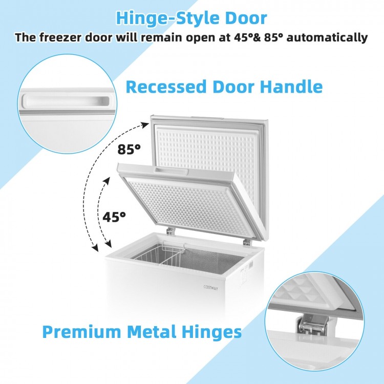 Compact 3.5 cu.ft chest freezer with hinged door, removable basket, and adjustable temperature control for easy access.