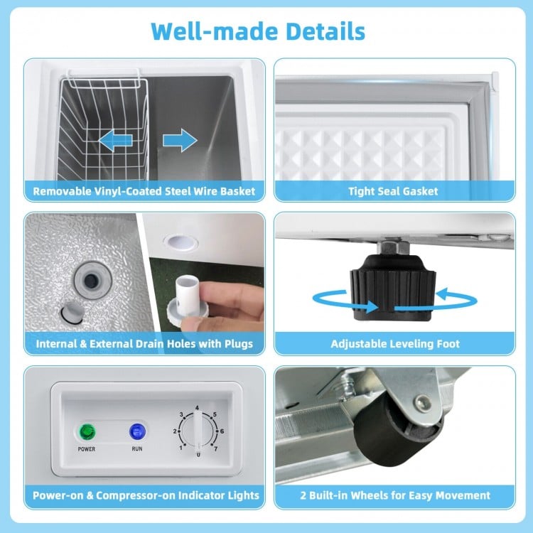 Removable wire basket and adjustable leveling foot of the 3.5 cu.ft compact chest freezer for easy access and stability.
