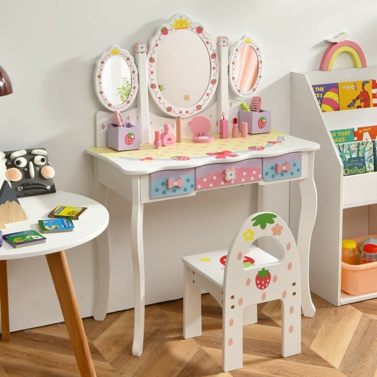 Kids vanity table set with tri-fold mirror, white finish, includes chair for comfortable hair and makeup application.