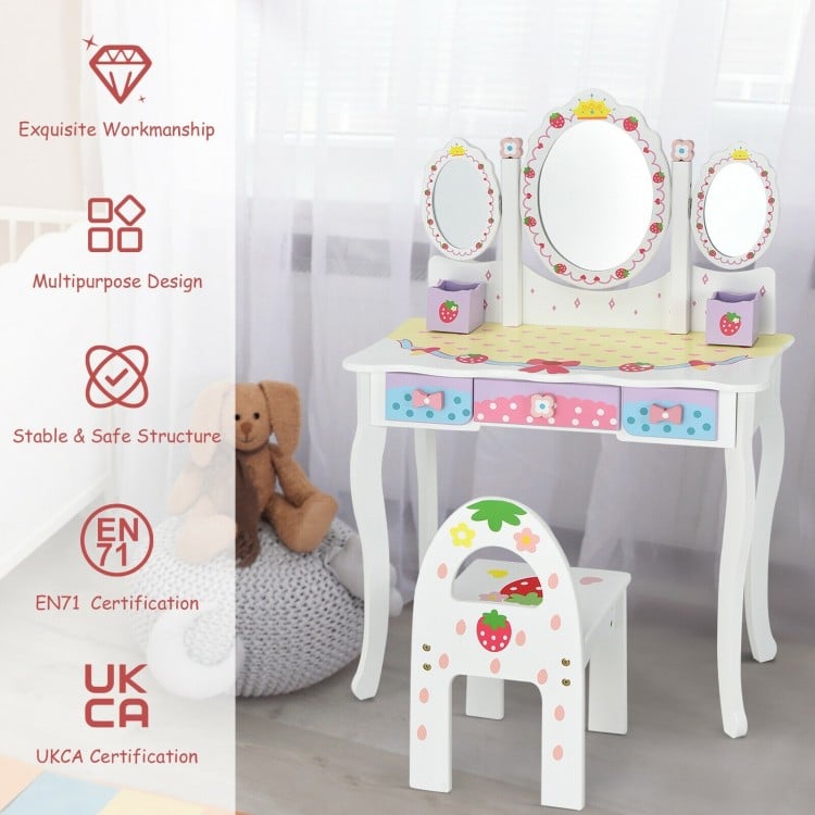 Kids vanity dressing table set with tri-fold mirror, durable MDF, and storage drawers for makeup and accessories.
