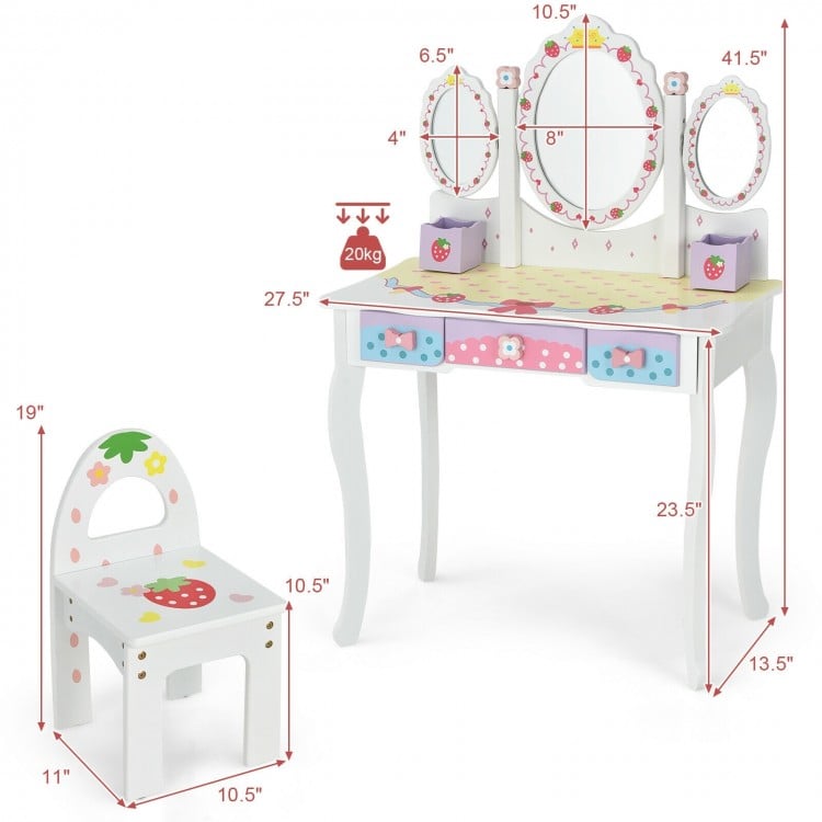 Kids vanity dressing table and chair set with tri-fold mirror, made of durable MDF, perfect for makeup and study.