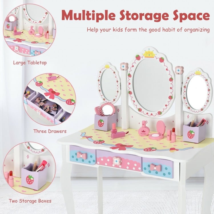 Kids vanity set with tri-fold mirror, white finish, three drawers, and two storage boxes for organizing makeup and.