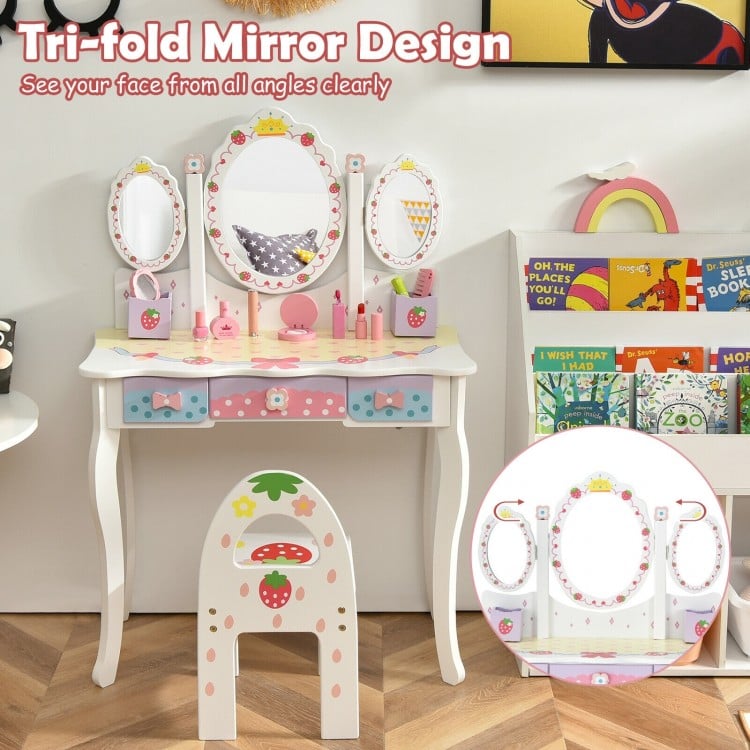 Kids vanity set with tri-fold mirror, white finish, includes chair and storage for makeup and accessories.