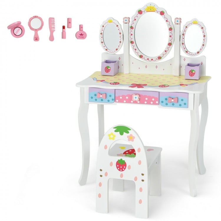 Kids vanity dressing table set with tri-fold mirror, white finish, and storage drawers for makeup and accessories.
