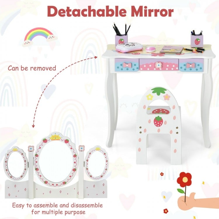 Kids vanity dressing table set with tri-fold mirror, detachable design, and storage drawers for makeup and accessories.