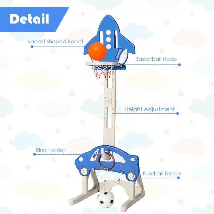 3-in-1 Basketball Hoop Adjustable Height Playset for Kids with Balls Blue - Gallery View 5 of 12