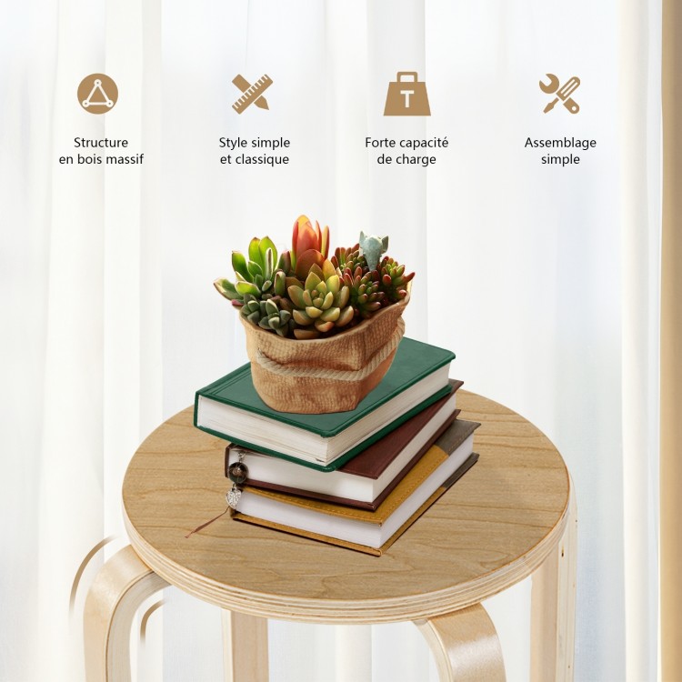 Backless dining chair set made of solid wood, featuring a stackable design and ergonomic edges for comfort.