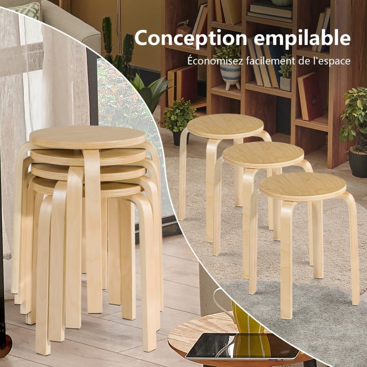 Set of 4 stackable 18-inch backless dining chairs in solid wood, designed for easy storage and stability in any space.