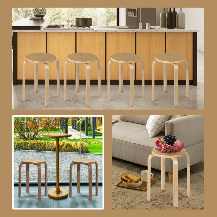 Set of 4 backless dining chairs in solid wood, featuring ergonomic design and stackable for easy storage.