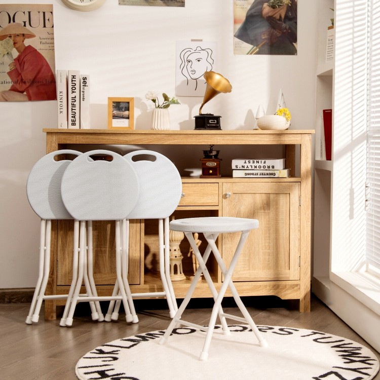 Set of 4 collapsible round stools with handles in white, featuring a sturdy metal frame and foldable design for easy.
