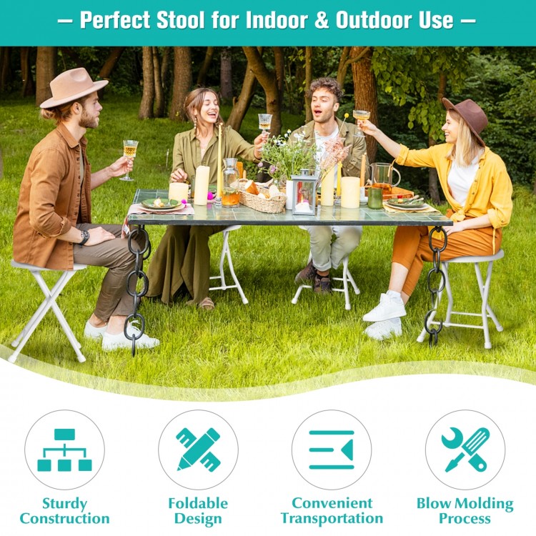 Set of 4 collapsible round stools with handles, sturdy metal frame, ideal for indoor and outdoor use.