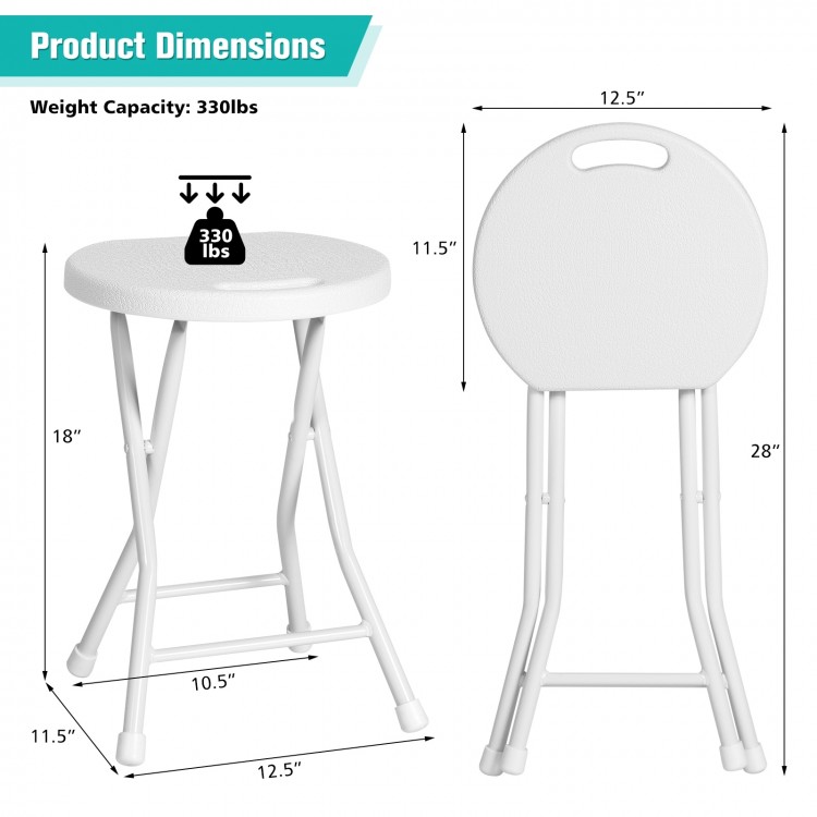 Collapsible round stool with handle, white PE seat, sturdy metal frame, ideal for portable seating and easy storage.