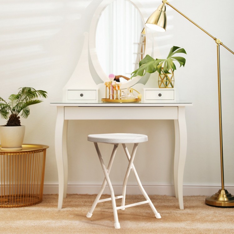 Collapsible round stool with handle in white, featuring a sturdy metal frame and waterproof PE seat, ideal for.