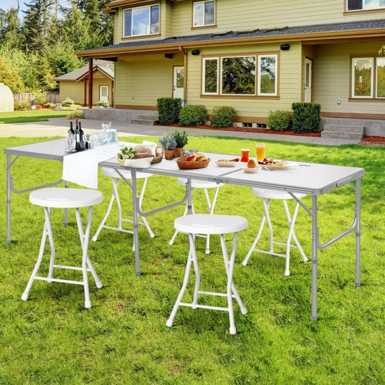 Collapsible round stools with handles in white, featuring a sturdy metal frame, ideal for outdoor gatherings and easy.