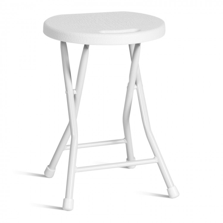Collapsible 18-inch round stool in white with handle, featuring a sturdy metal frame and non-slip feet for stability.