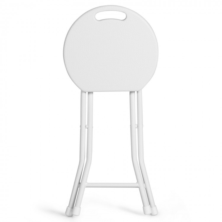White collapsible round stool with handle, showcasing its foldable design and sturdy metal frame for convenient storage.