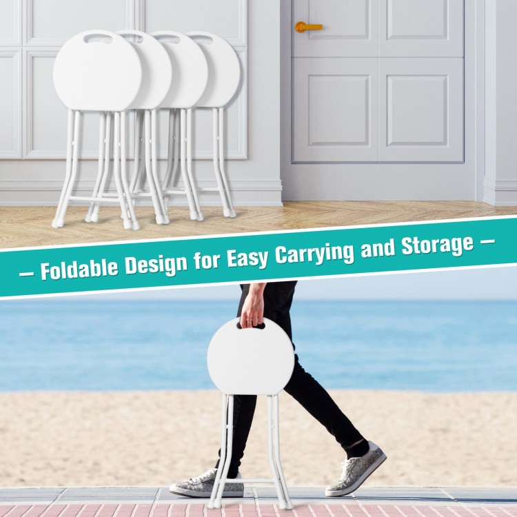 Set of 4 collapsible round stools with handle, featuring a foldable design for easy storage and portability.
