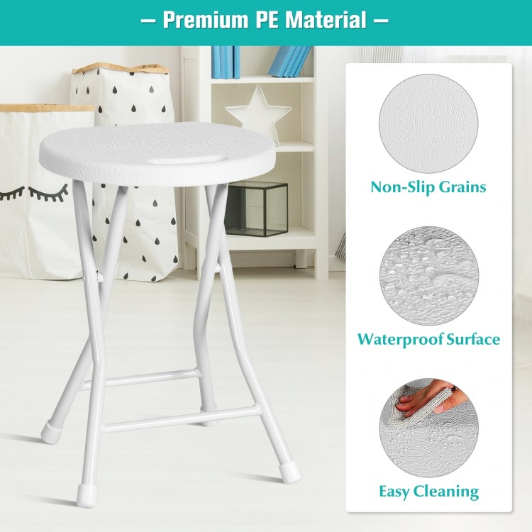 Collapsible round stool with handle in white, featuring a waterproof PE seat and sturdy metal frame for versatile use.