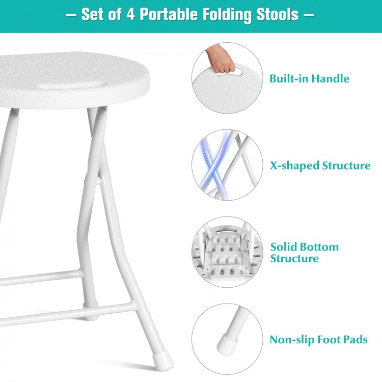 Set of 4 white collapsible round stools with built-in handle, sturdy metal frame, and non-slip foot pads for stability.