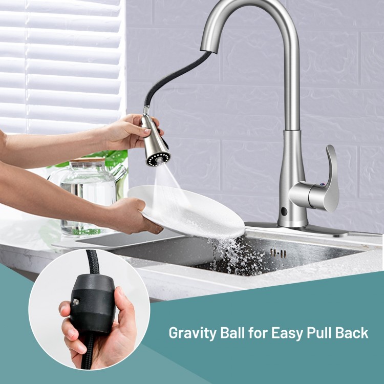Pull-out Touchless Kitchen Faucet with 360° swivel, single handle, and 3 spray modes for versatile cleaning.