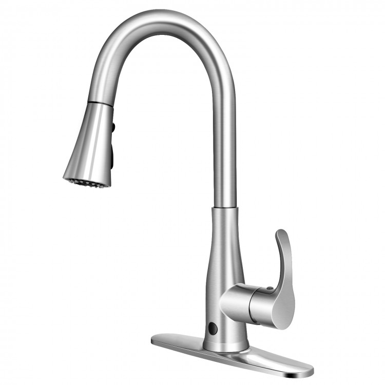 Touchless kitchen faucet with 360° swivel, single handle, and three sprayer modes for versatile cleaning.