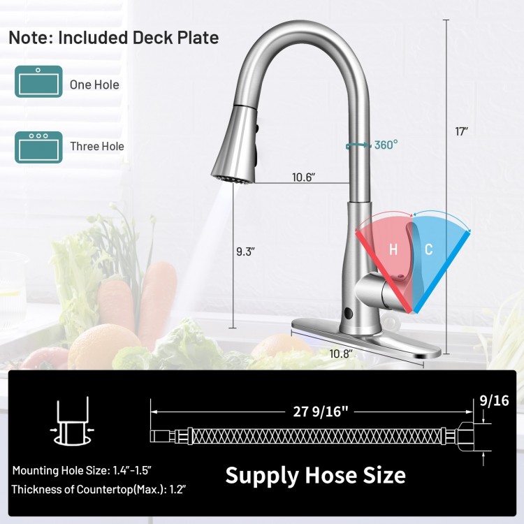 Touchless kitchen faucet with 360° swivel, single handle, and three spray modes for versatile cleaning and convenience.
