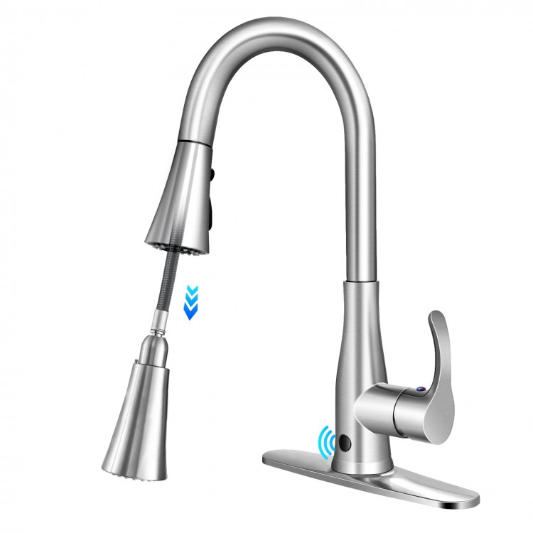 Touchless kitchen faucet with 360° swivel, single handle, and pull-out sprayer for versatile cleaning and convenience.