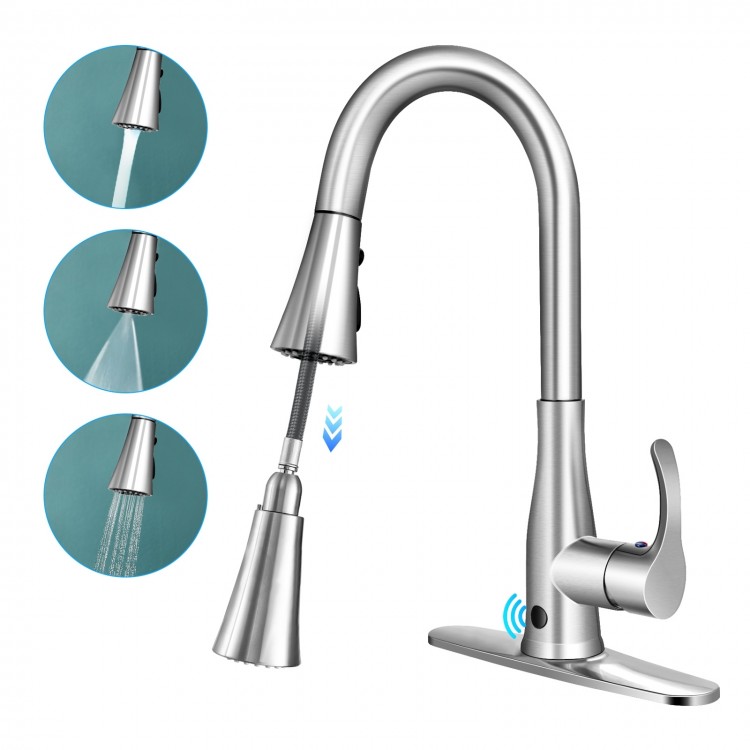 Brushed metal touchless kitchen faucet featuring a 16-inch retractable hose and three spray modes for efficient.